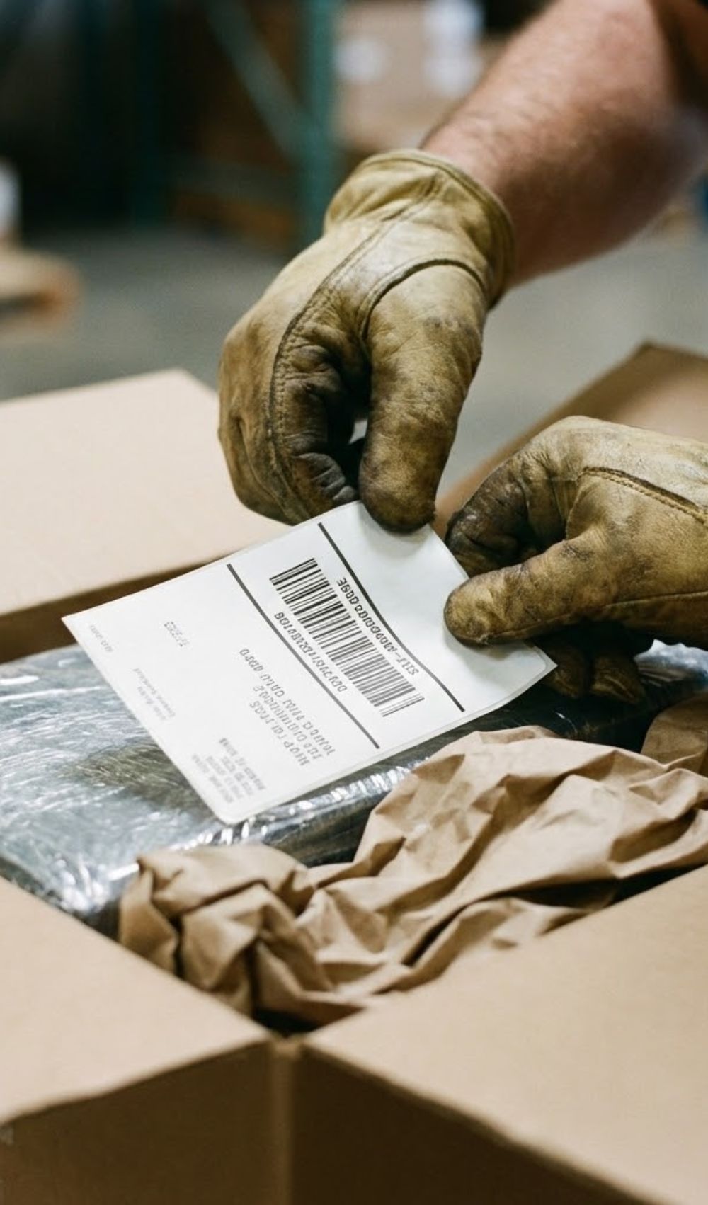 Manos con guantes colocando una etiqueta de envío con código de barras en un paquete abierto.