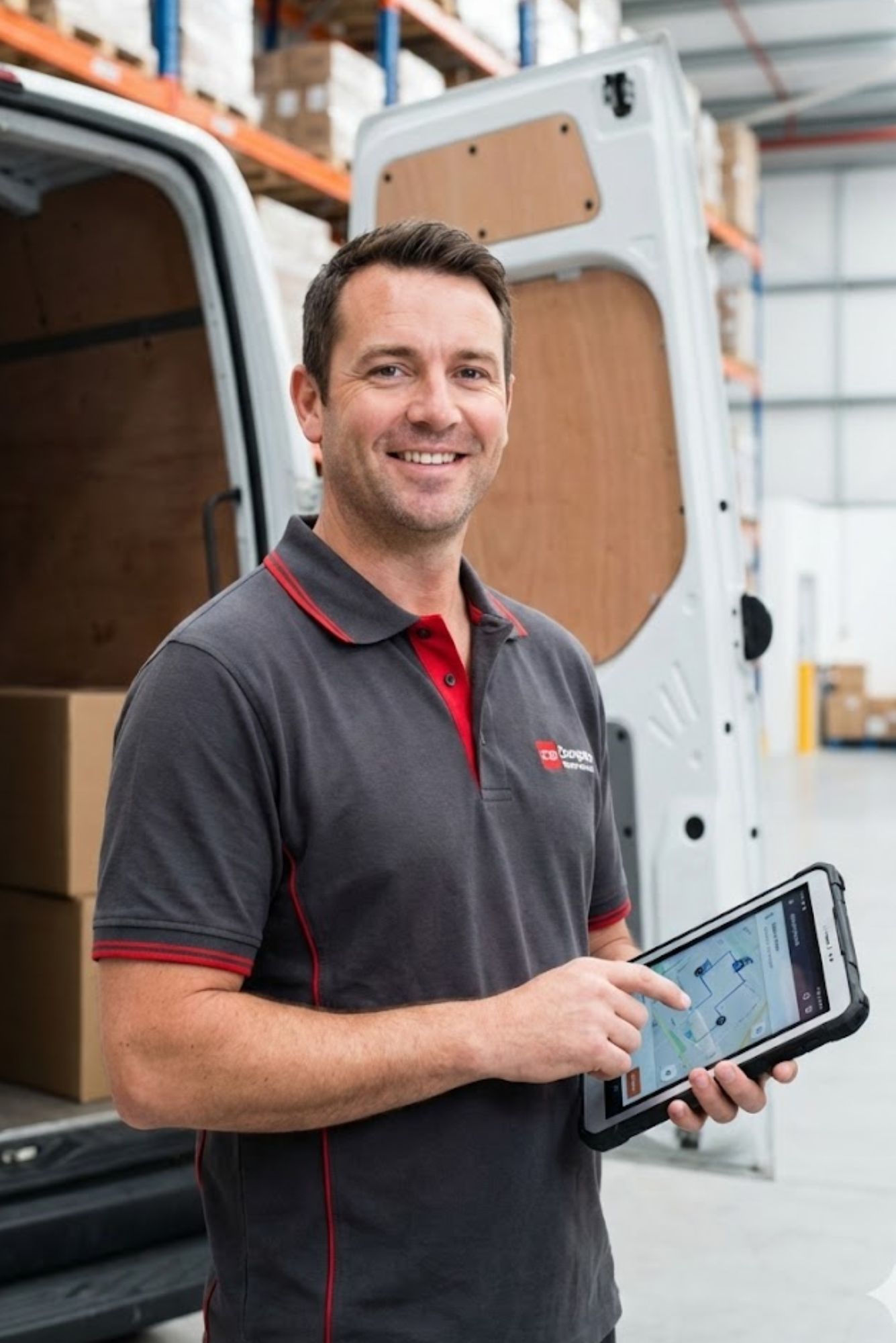 Hombre en uniforme de logística usando una tablet para gestionar envíos en un almacén