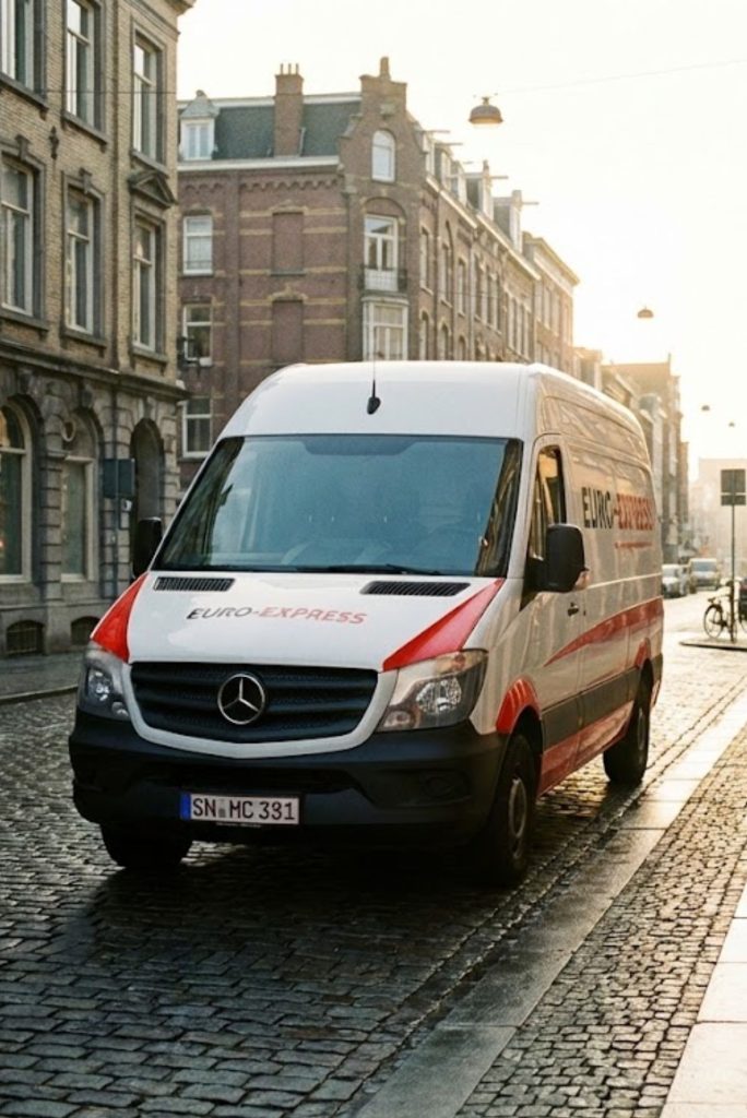 Furgoneta de reparto Euro-Express en una calle empedrada de una ciudad europea al amanecer