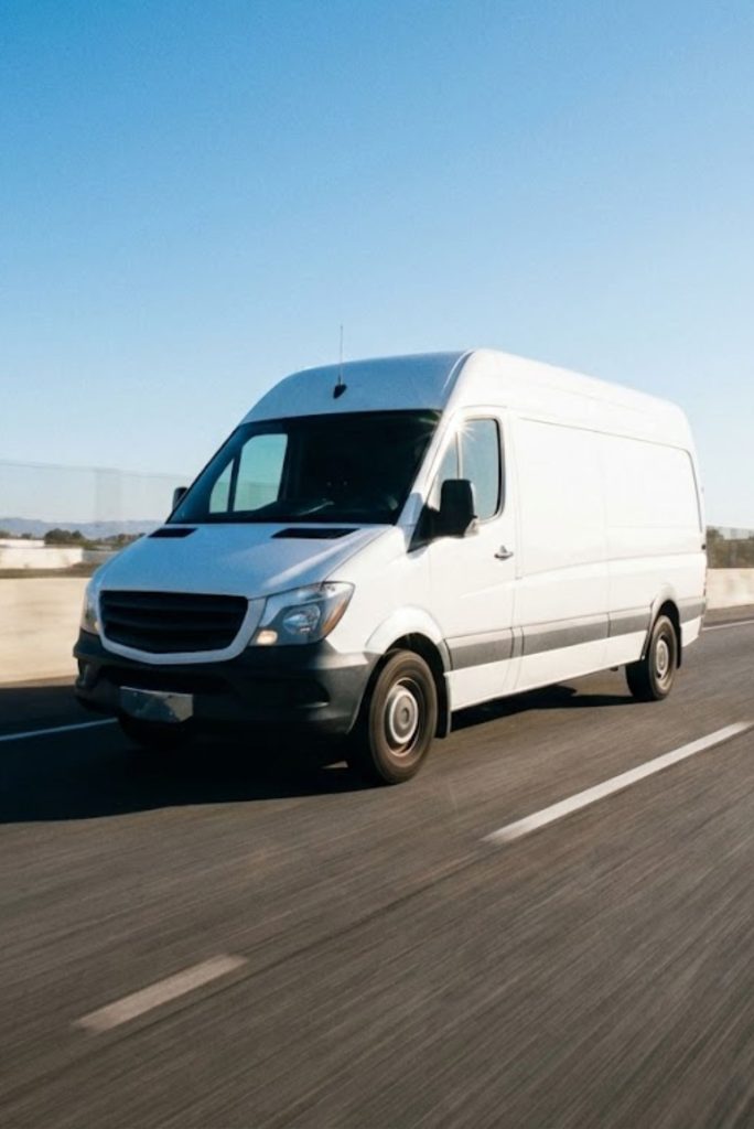 Furgoneta blanca transitando a alta velocidad por una autopista bajo un cielo despejado