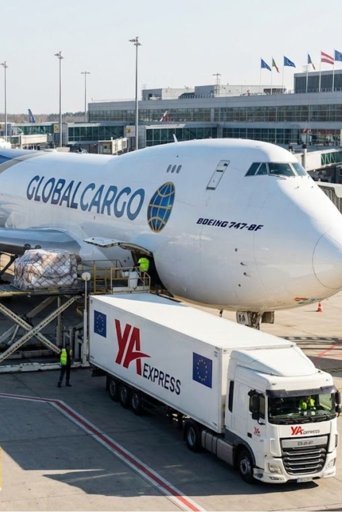 Avión Boeing 747-8F de Global Cargo y camión de YA Express en operación de carga en aeropuerto