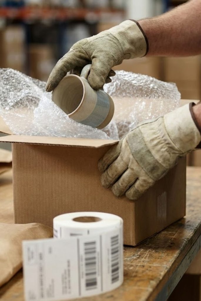 Persona embalando una taza de cerámica con burbuja y guantes de protección en un entorno de almacén.