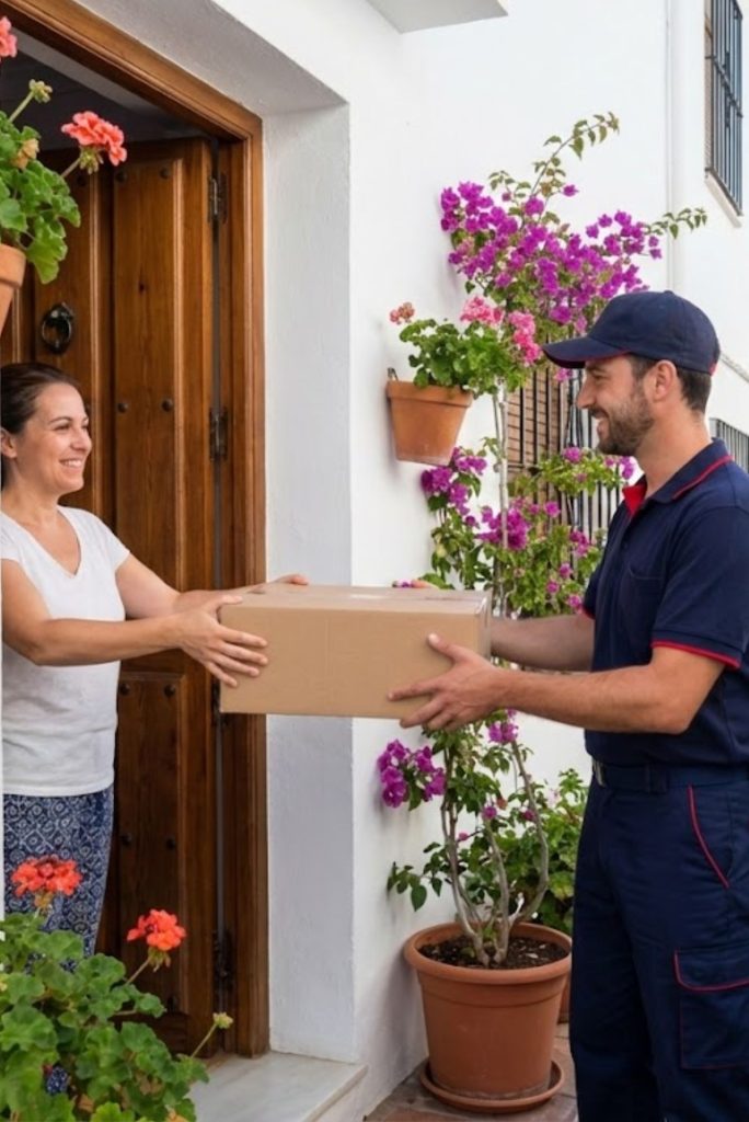 Mujer recibiendo un paquete de un repartidor frente a su puerta.