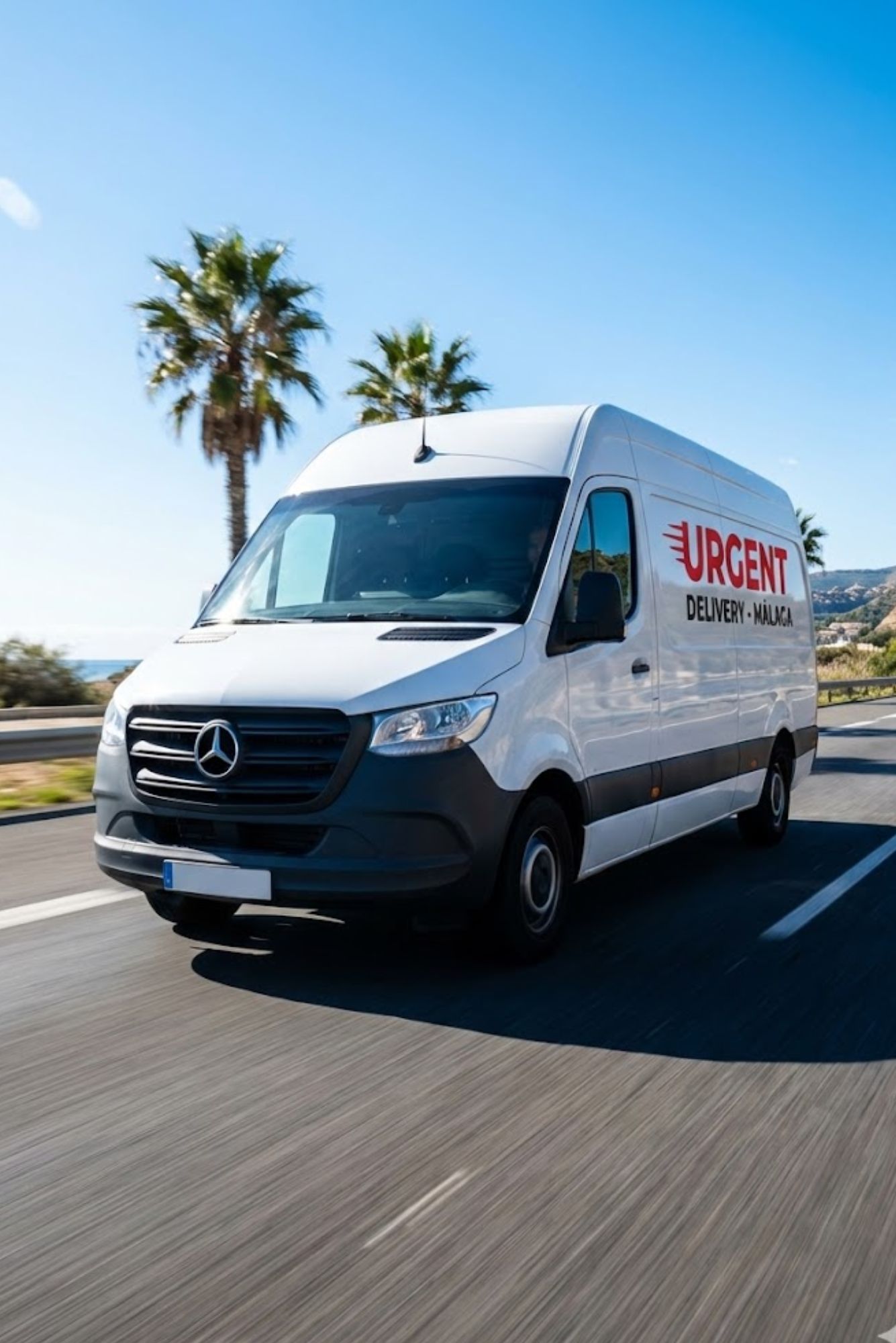 Furgoneta blanca de urgencias en carretera de Málaga con palmeras al fondo