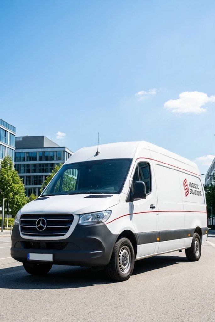 Van de logística blanca marca Mercedes-Benz con logo Logistic Solution en un entorno urbano y cielo despejado